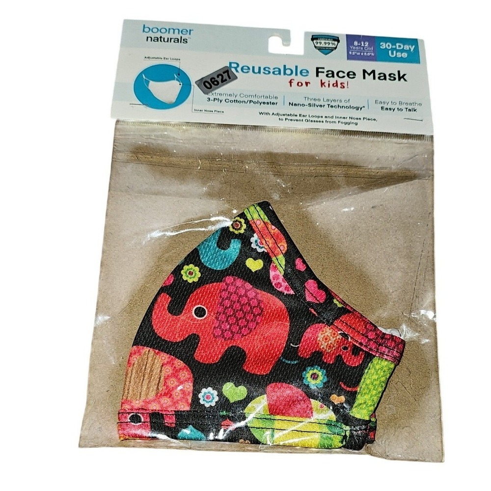 Boomer Naturals Kids Reusable Face Mask Elephant Print 3-Ply Nano-Silver 629,627